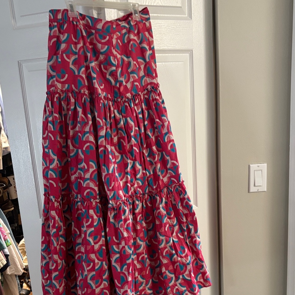 Sundance Pink and Blue A-Line Skirt— Full Tiered Maxi Skirt